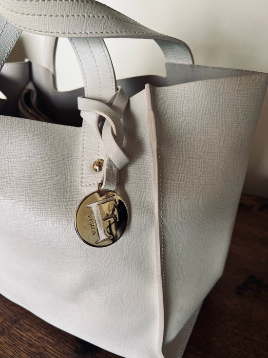 Furla Handbags - Furla Off-White Saffiano Leather Tote with Gold Charm